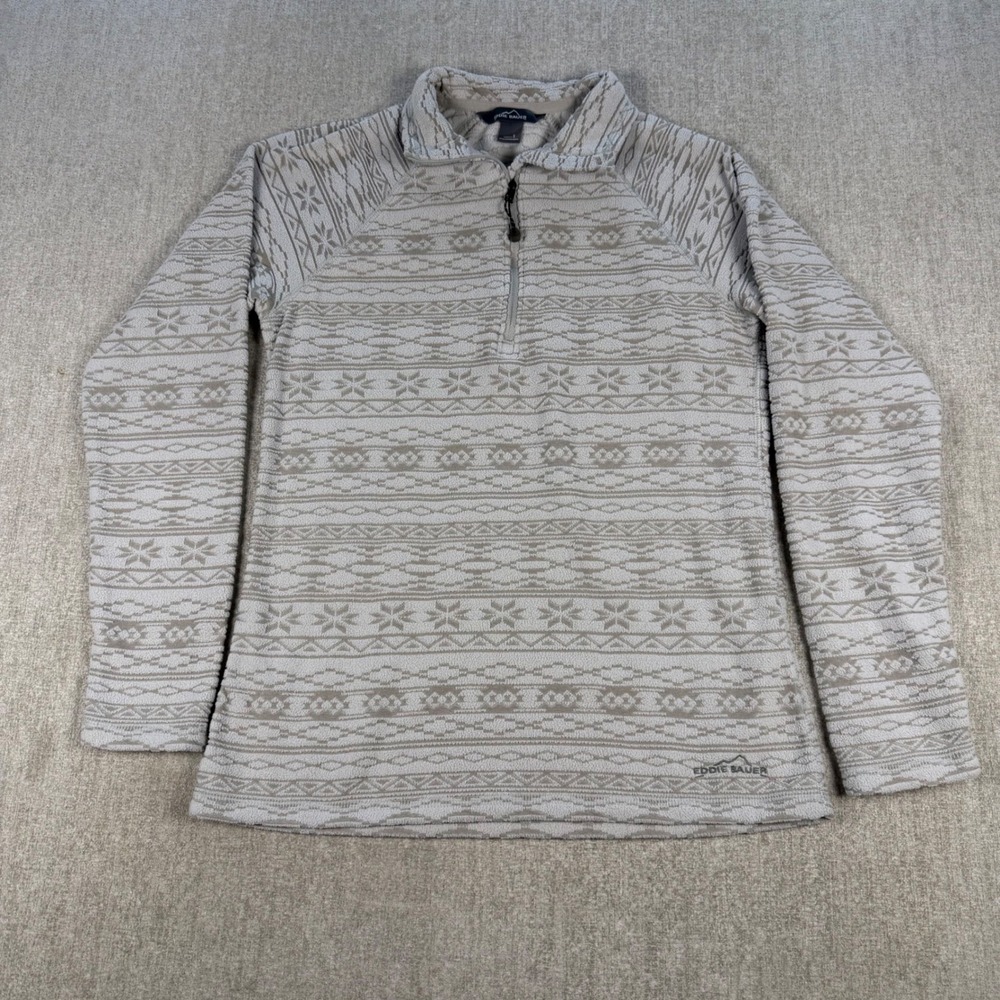 Eddie Bauer Fleece Pullover Women S Beige Fair Isle Quarter Zip Snowflake